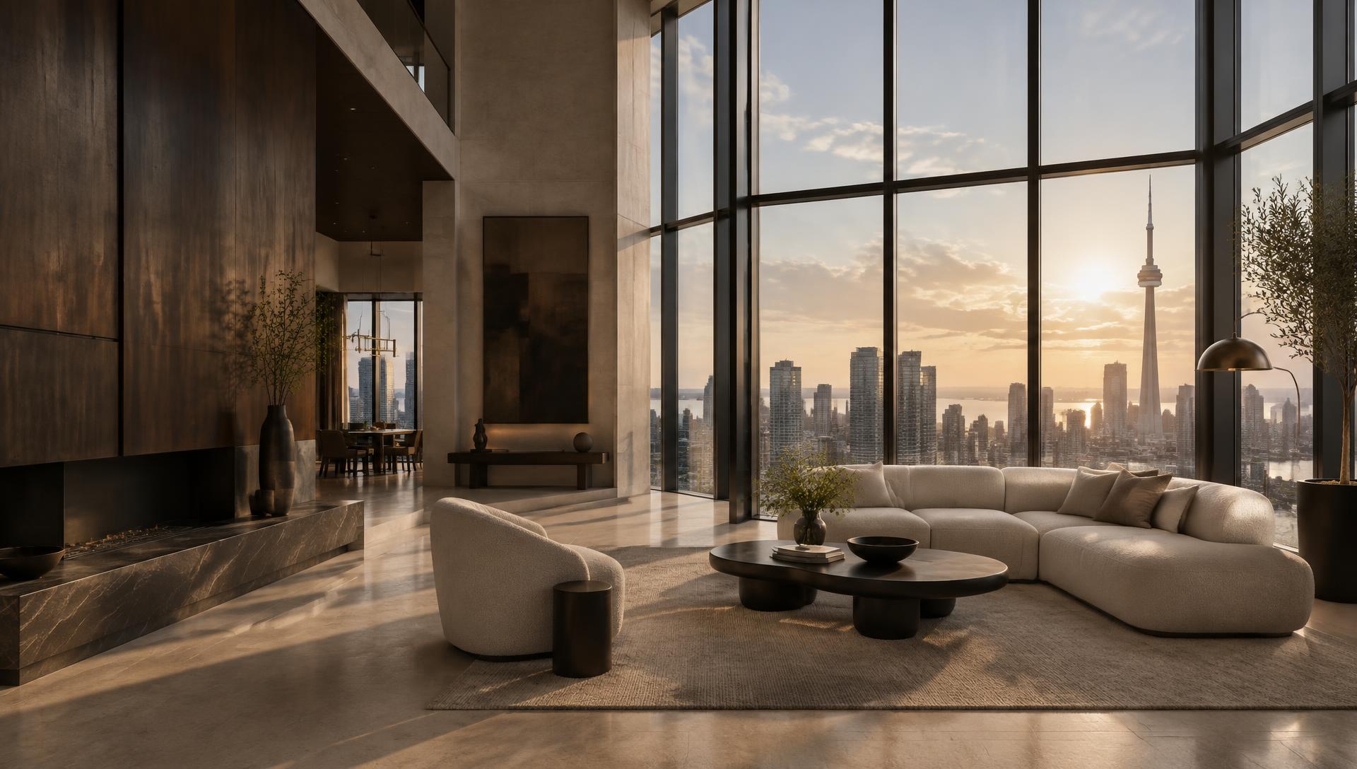 Conceptual Toronto penthouse interior overlooking the skyline